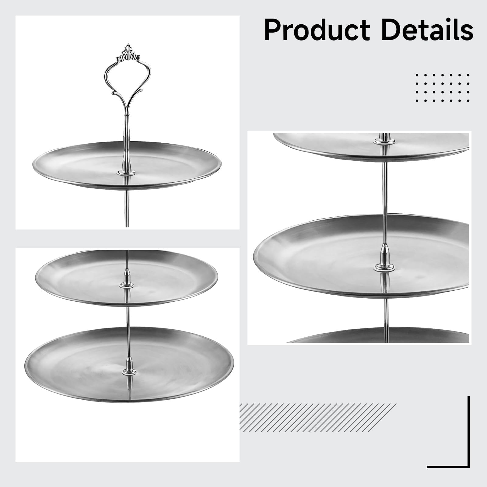 Set di 2 alzate per torte a 3 ripiani in acciaio inox, antiscivolo, per dessert e frutta, vassoio da portata color argento, per matrimoni, feste, eventi e buffet