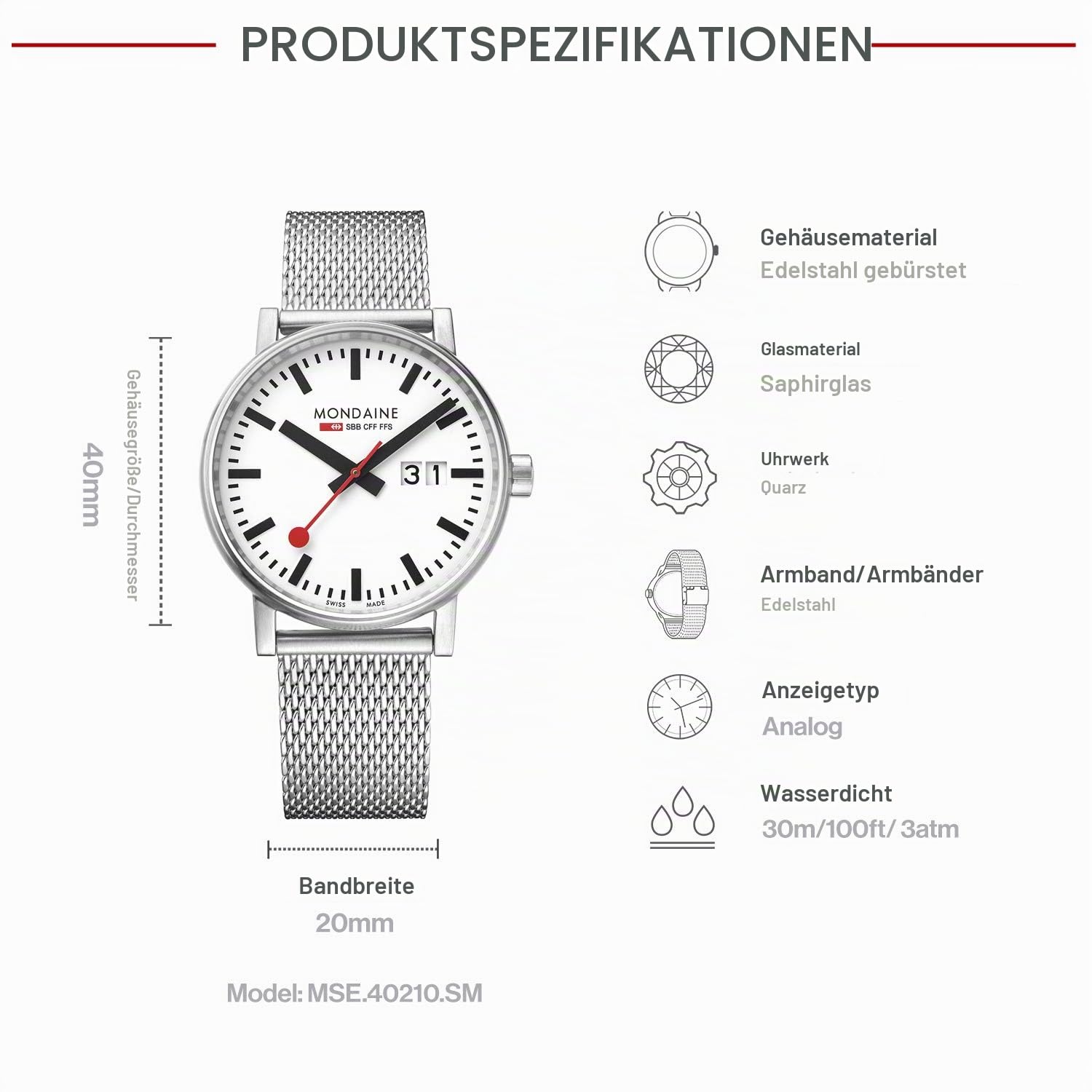 Mondaine - Evo2 MSE.40210.SM - Herrenuhr 40mm - Bahnhofsuhr in Silber Datumsanzeige Edelstahl Armband - 30m Wasserdicht Saphirglas mit rotem Sekundenzeiger - Hergestellt in der Schweiz