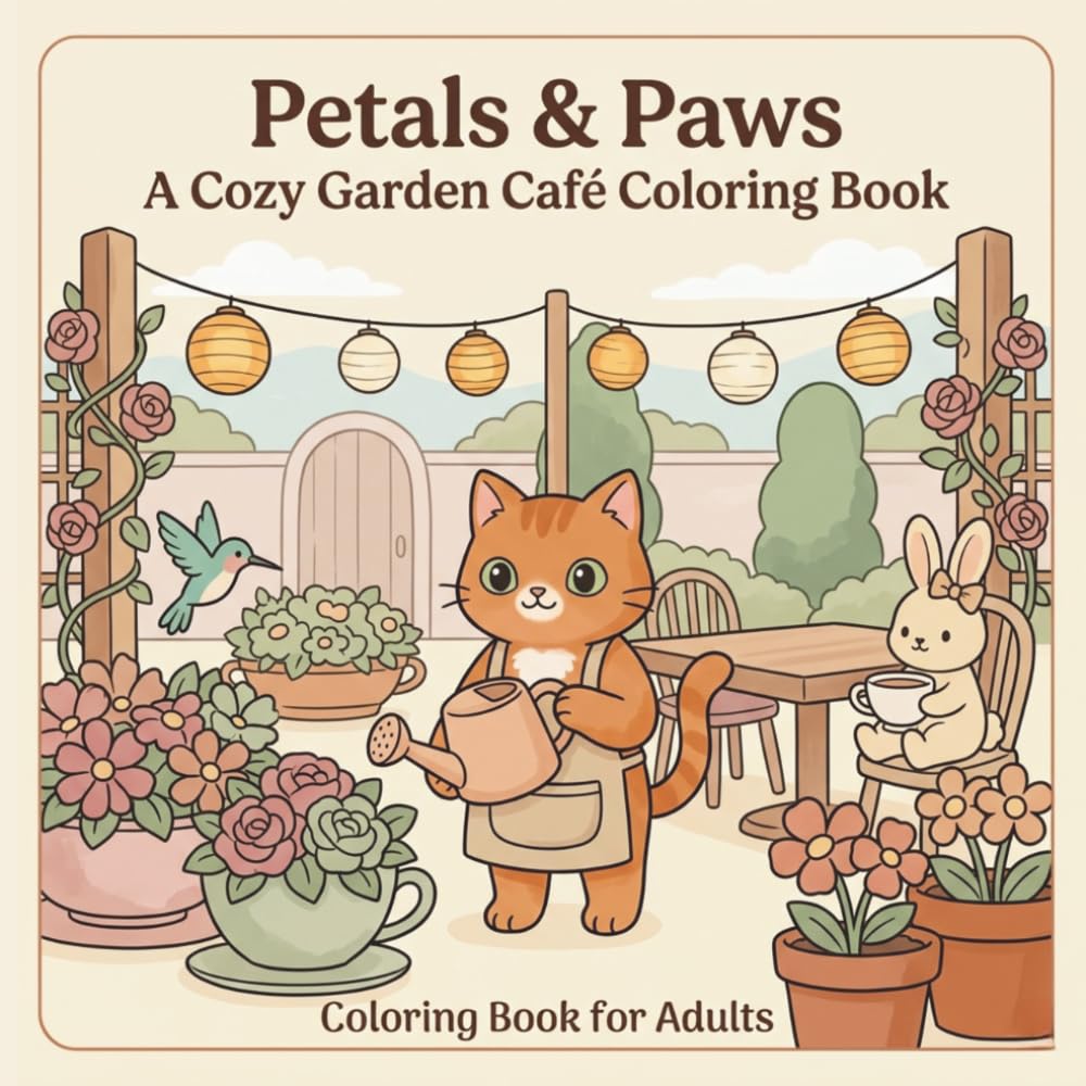 Petals & Paws: A Cozy Garden Café Coloring Book: 30 Charming Illustrations of a Ginger Cat's Blooming Patio, Hanging Lanterns & Garden Tea Moments for Adult Relaxation