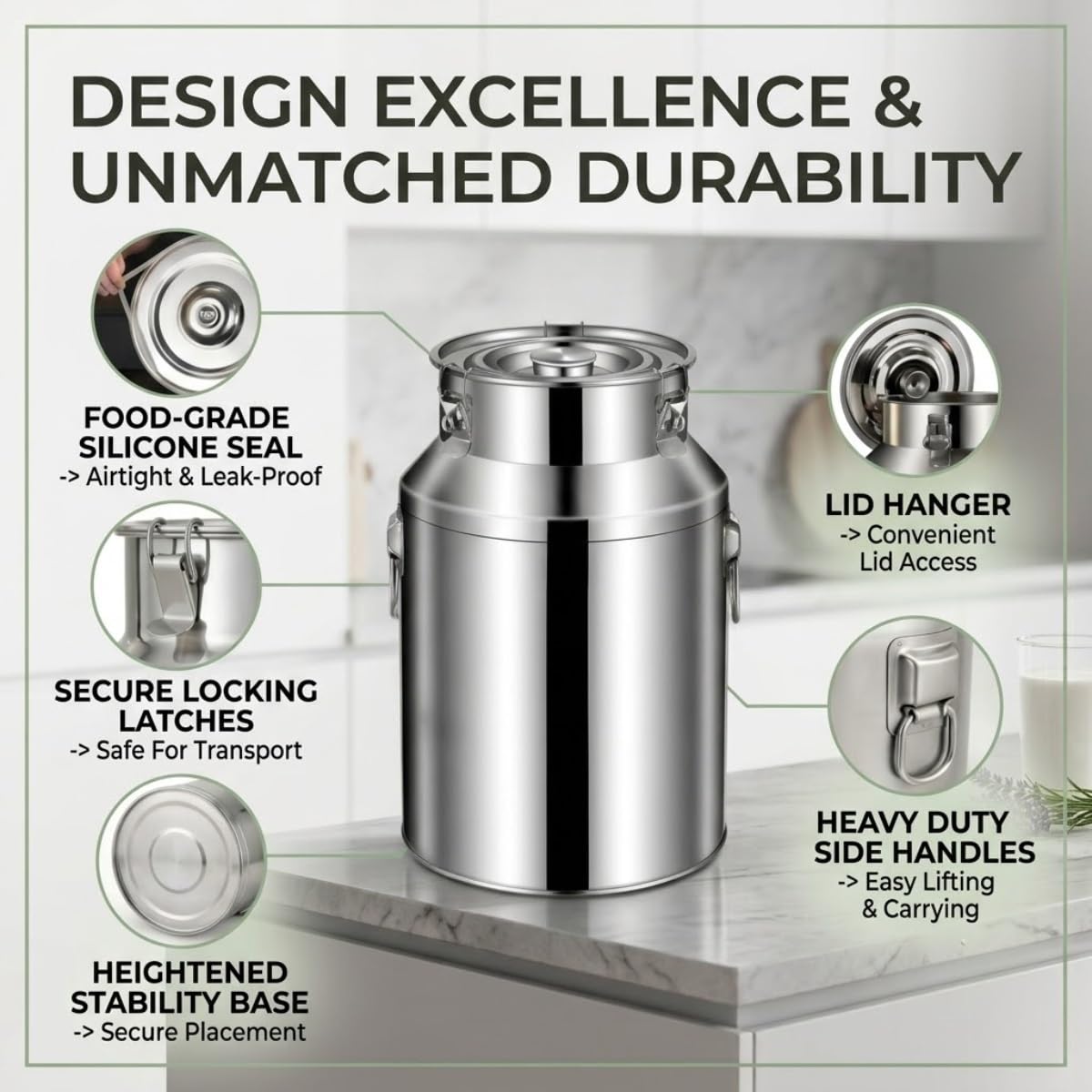 Jarra de Leche de Acero Inoxidable, 5-100L Cubo Sellado con Tapa y Asa