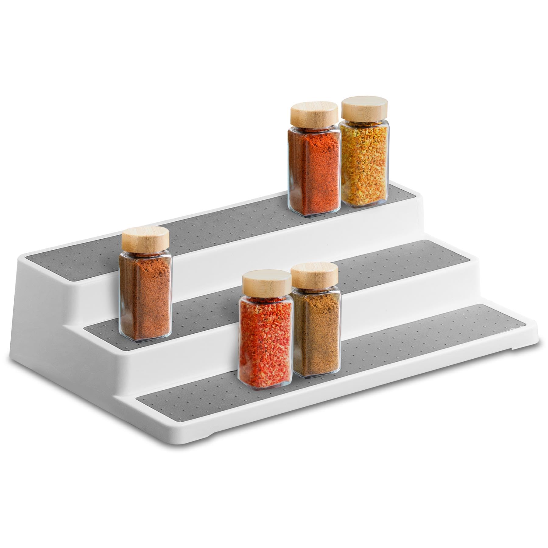 Geezy White 3 Tier Spice Rack For Inside Cupboard - Non Slip Kitchen Cupboard Organiser, Tiered Shelf For Jars Tins Cans Seasonings & Condiments - Space Saving Countertop & Pantry Organiser 36X24.5x8.5cm