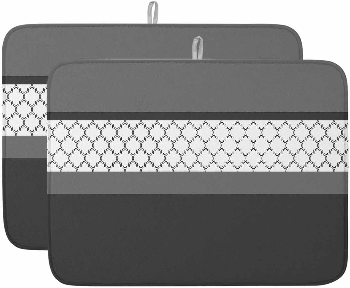 Vintage Plaid Drying Mats for Kitchen Counter 2 Pcs, Grey Black Microfiber Absorbent Dish Drainer/Rack Mat,Reversible Hangding Quick Drying kitchen Decor,18x24 Machine Washable