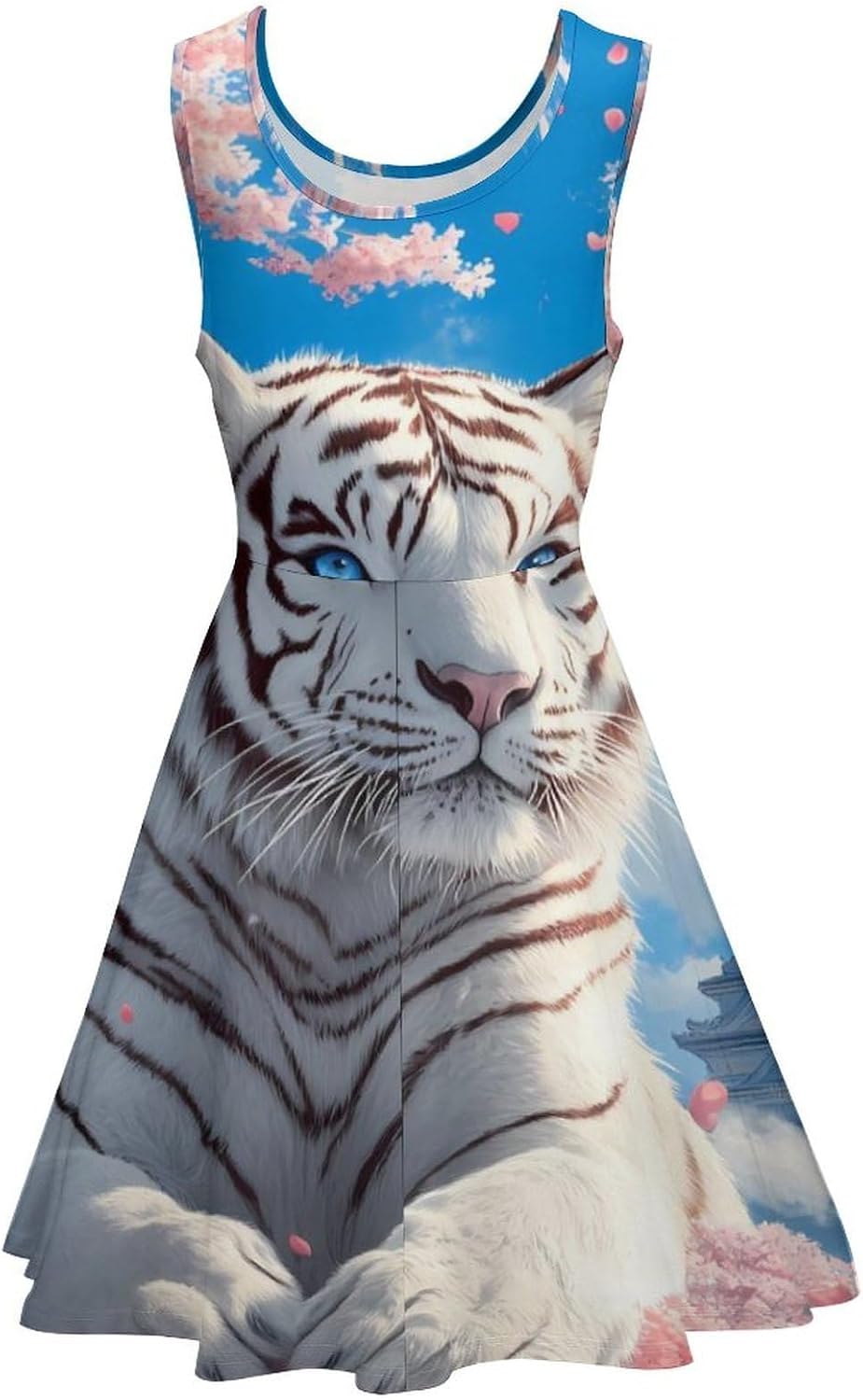 Tiger Cherryflower Women's Dresses Round Neck Dress Sleeveless Tank Dress Ruffle Hem Sundress
