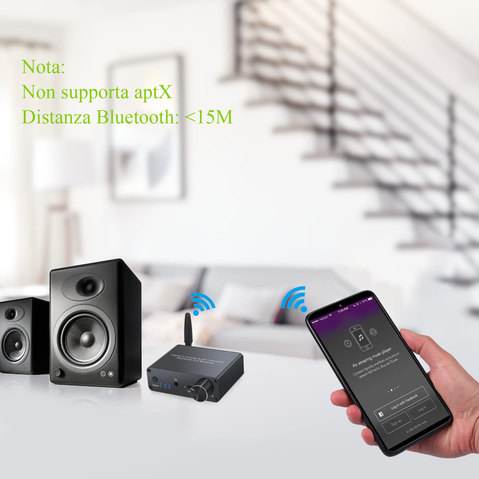 LiNKFOR 192KHz DAC Bluetooth con Amplificatore per Cuffie con Alimentatore DAC Convertitore Audio Digitale ad Analogico con Ricevitore Bluetooth V5.0 D/A Adattatore con Cavo Ottico e Cavo Coassiale