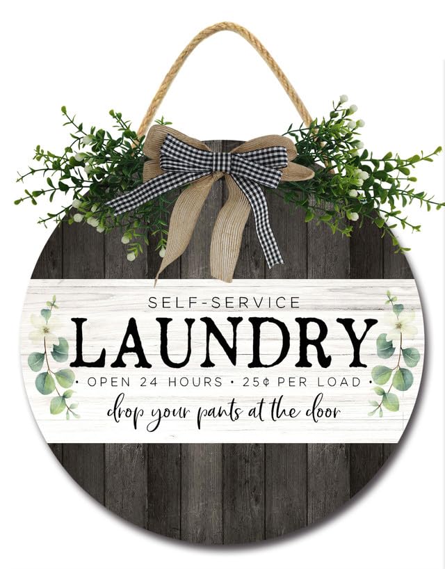 Bidesign Rustic Laundry Room Sign, 12IN Wooden Round Decor, Wash Room Wall Art, Eucalyptus Decoration