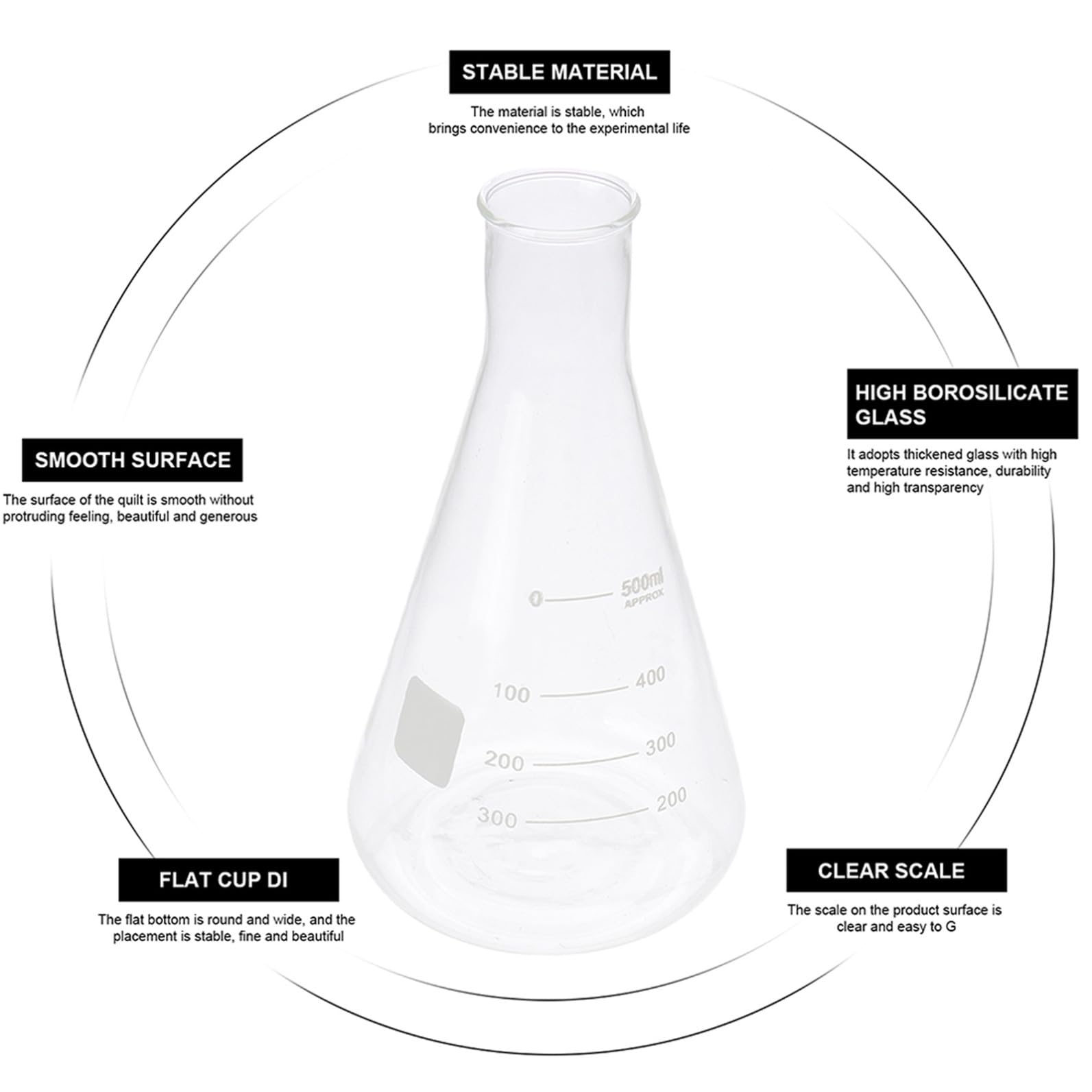Cabilock Kit de 4 Matraces Erlenmeyer de Vidrio Borosilicato Cónicos, Alta Pureza, Uso Seguro al Calentar, sin Rebabas para Laboratorio y Escuela