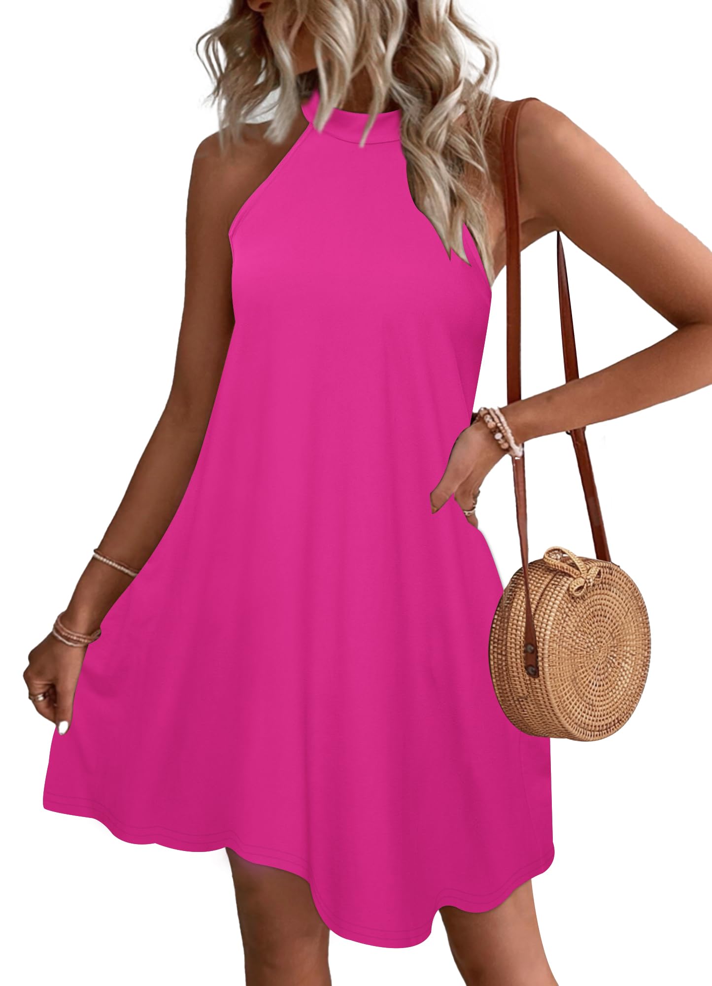 WNEEDU Abito Donna Estivo Vestito Spiaggia Senza Maniche Abito Cort Casual Collo Sospeso Copricostume