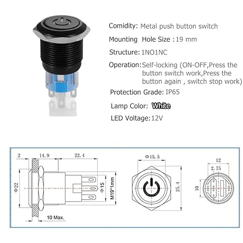Miniatura 2 de Quentacy Interruptor pulsador de bloqueo de 0.748 in 34 "Símbolo de alimentación 12V LED 1NO1NC SPDT ONOFF Interruptor de palanca impermeable de