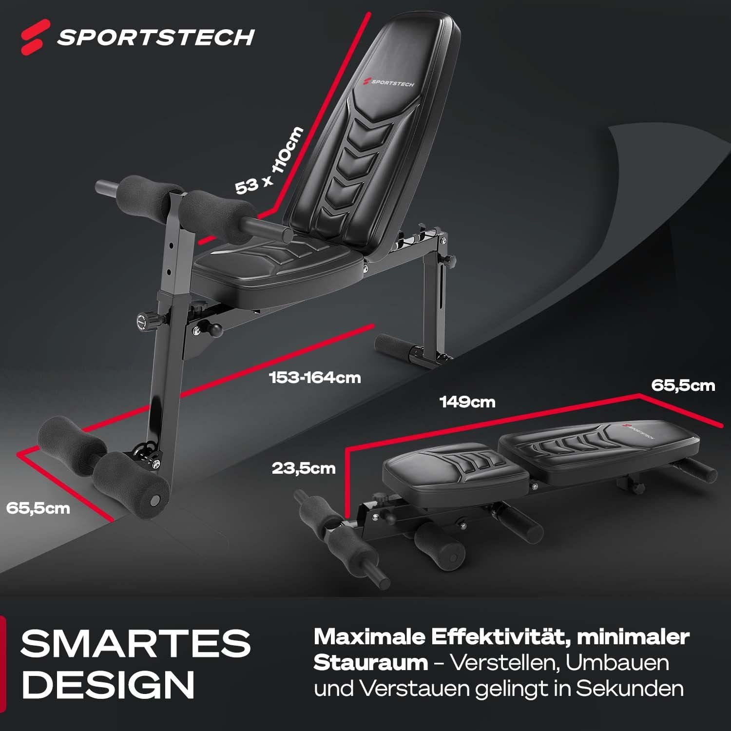 Sportstech BRT500 Hantelbank für Zuhause, 17-fach verstellbar, Schräg- und Flachbank, mit Beincurler, klappbar, Liegestützgriffe, 300 kg belastbar, Ganzkörper-Workout, Multifunktions Fitnessbank