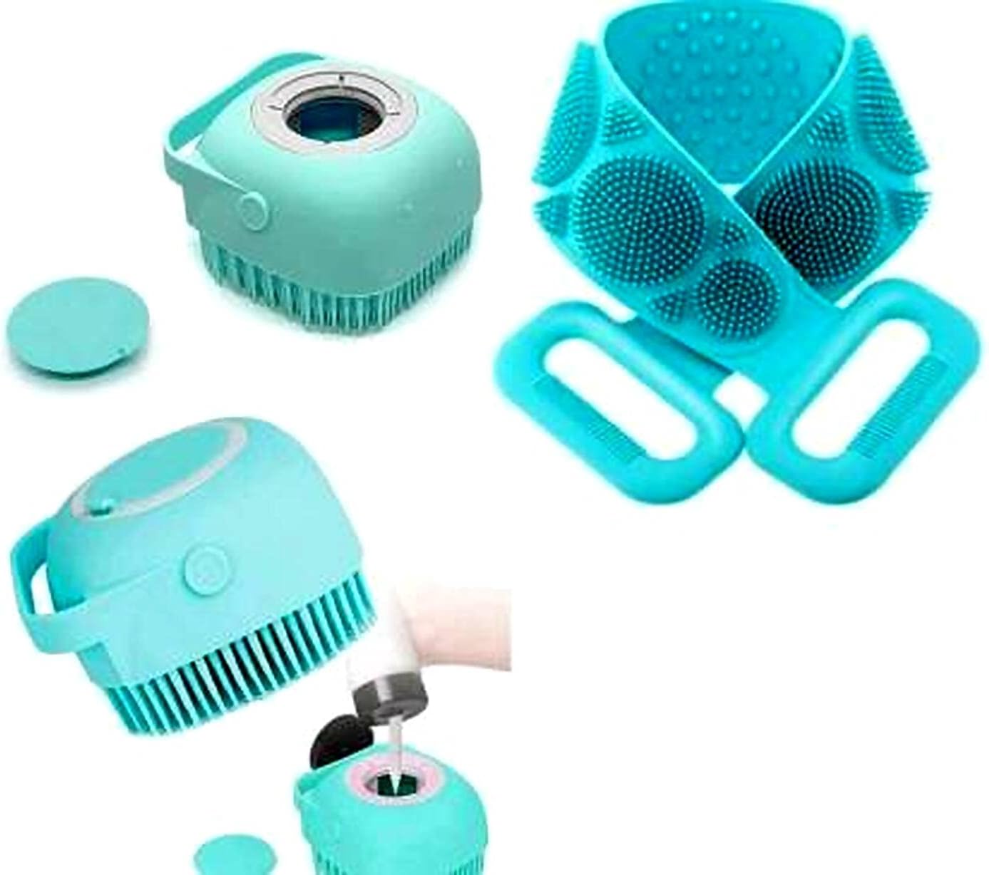 CLEZORA 2 Pcs Combo Silicone Soft Cleaning Body Bath Brush With Shampoo Dispenser Plus Back Scrubber Bath Brush Washer For Dead Skin Removal Gentle Massage Exfoliation For Kids Men And Women
