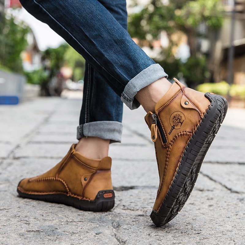 Image of men's casual outdoor short boots - hand sewn classic boots with fashionable side zipper decoration, perfect for outdoor enthusiasts and activities