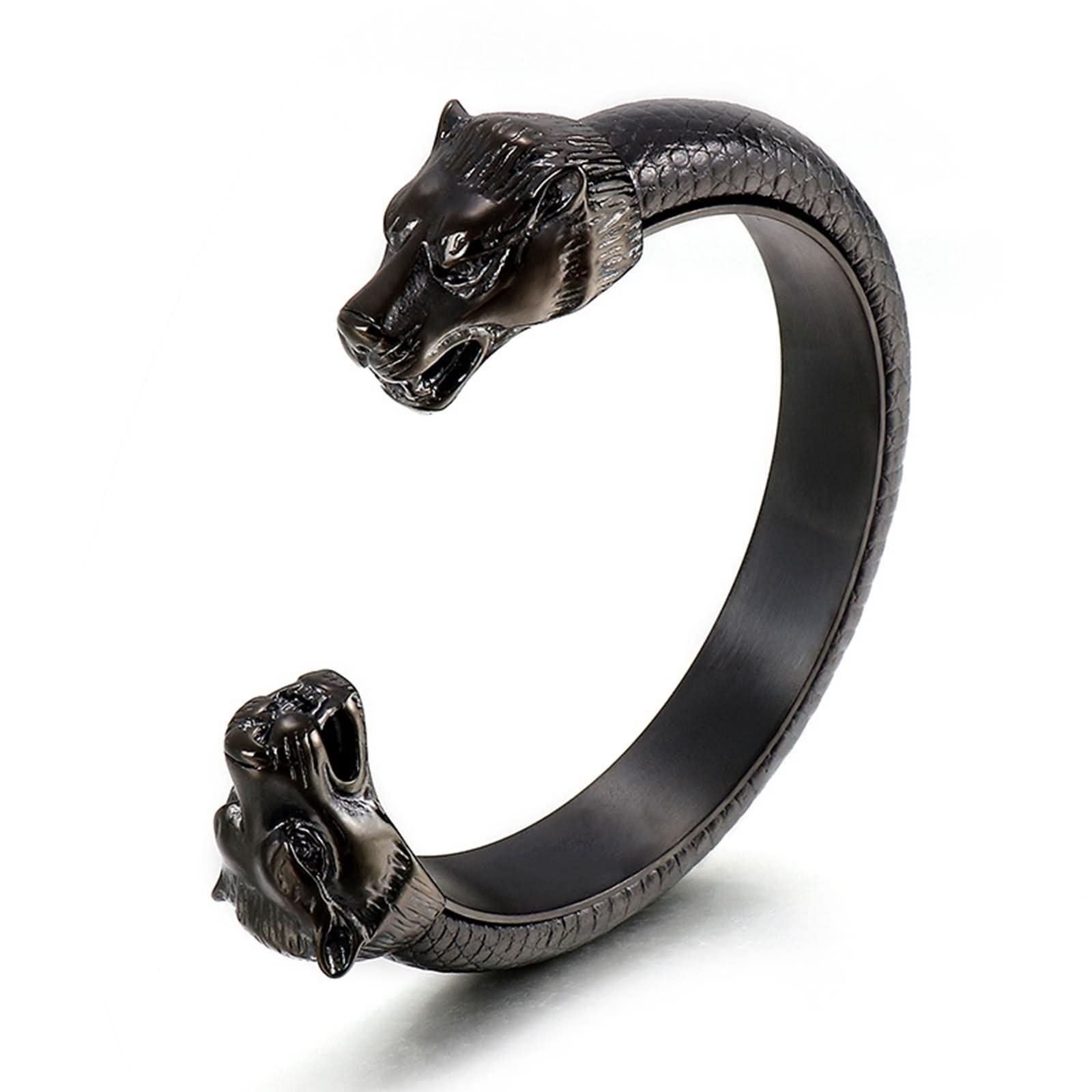 Bracelet en cuir vintage pour homme, bracelet en cuir double tête de loup pour lui et elle, Acier inoxydable