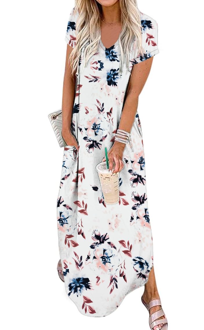 Jeqeocafy Women Summer Long Sundress Crewneck Short Sleeve Maxi Dress 2026 Casual Loose Beach Dress with Pockets
