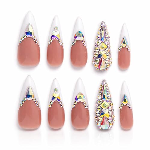 10 Pieces Handmade Long Almond Press On Nails, White Thickened French False Nails With Rhinestone Decorate, Reusable Fake Nails Almond, Reusable Acrylic Nails (S)