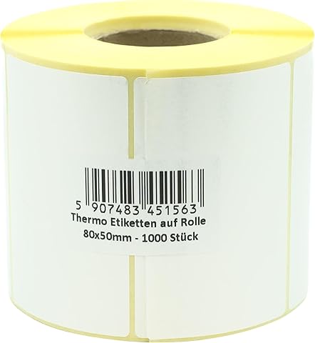 MDlabels MD Labels - Etiquetas térmicas blancas en rollo de 80 x 50 mm, 1000 unidades de adhesivo permanente, para código de barras, etiquetas adhesivas blancas para escribir