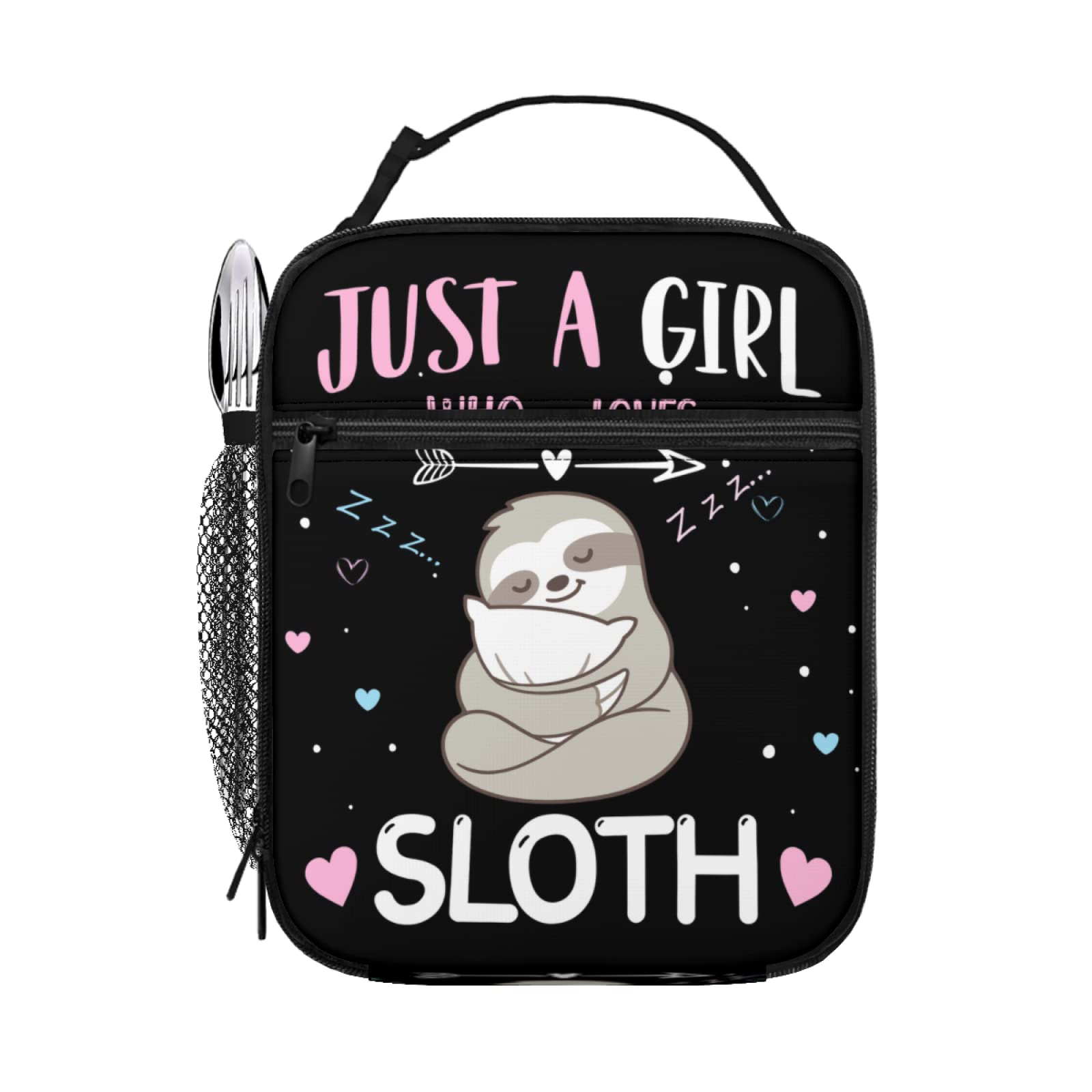 SUNUANJust a Girl who Loves Sloth Lunch Box Insulated Lunch Bag for Women Men Reusable Cooler Tote Bag With Front Pocket for Work,Picnic,Travel,Camping