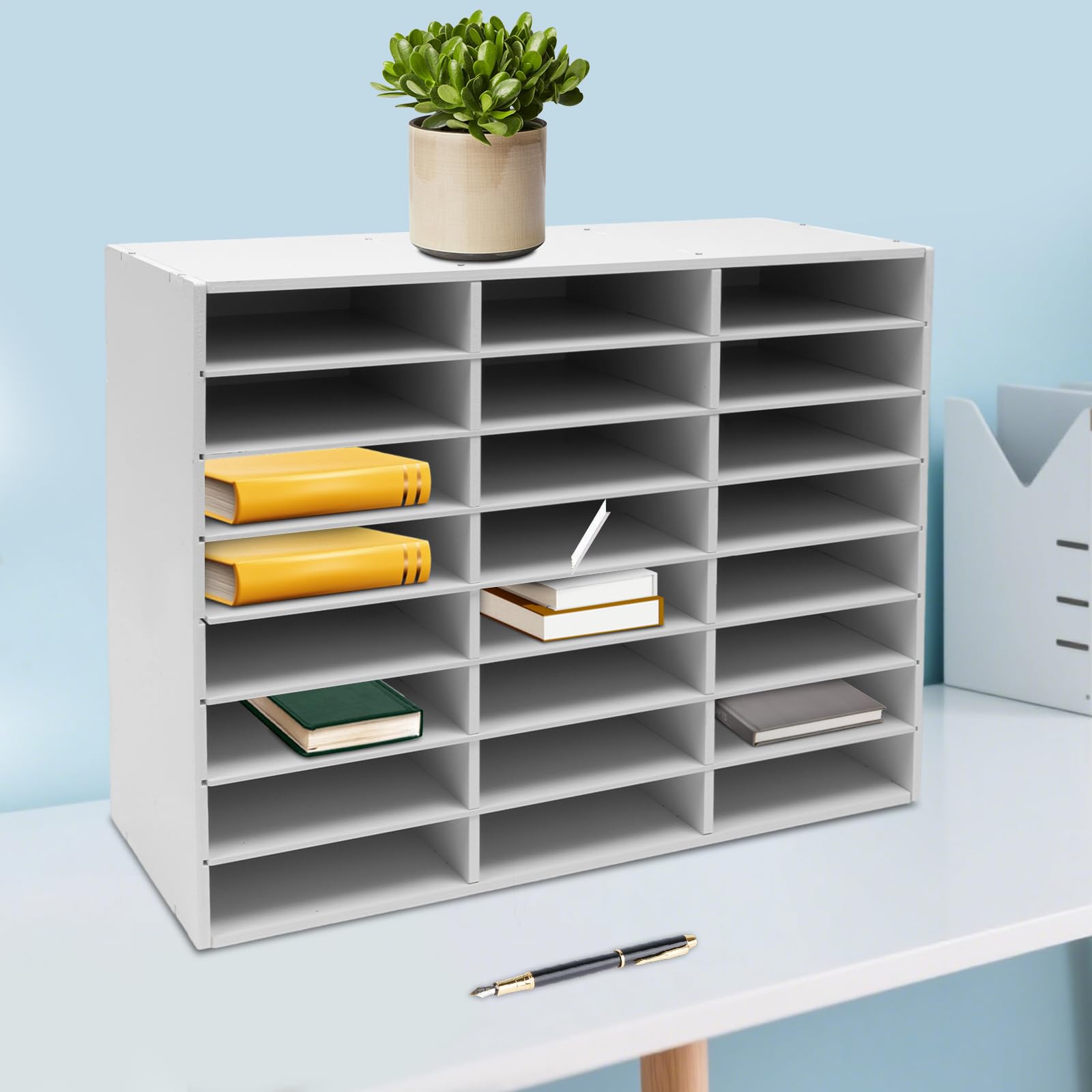 24 Literatur-Organizer, Dokumentenablage aus PVC für A4 – Schreibtisch-Mehrzweckschrank mit herausnehmbaren Fächern, Aktensortierer für Büro, Klassenzimmer & Homeoffice (weiß)