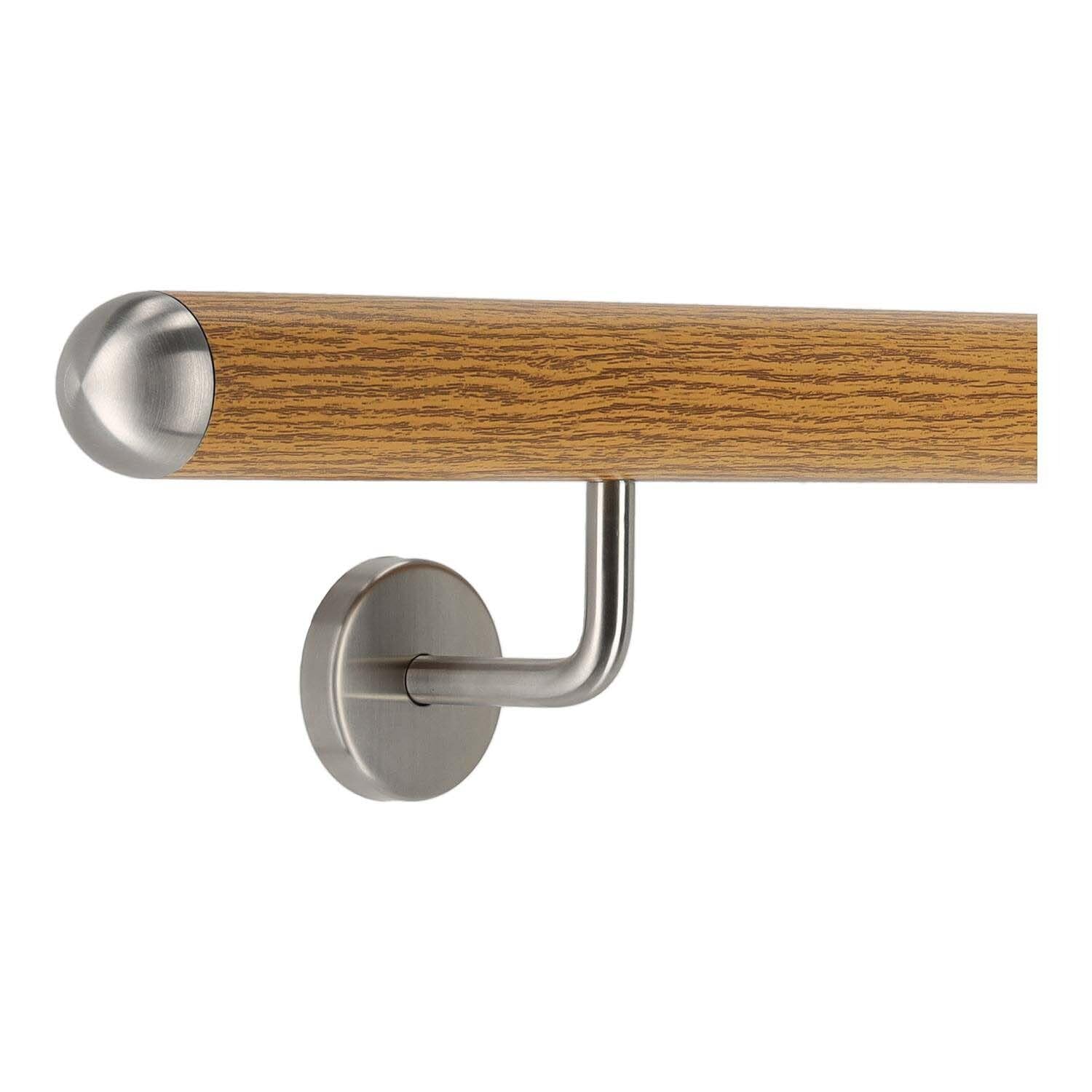 TIBU Handlauf Aluminium Eiche Holz Dekor 30-600cm Wandhandlauf Treppe gewinkelte Edelstahlhalter, Länge 210 cm mit 3 Halter und halbrunde Kappe