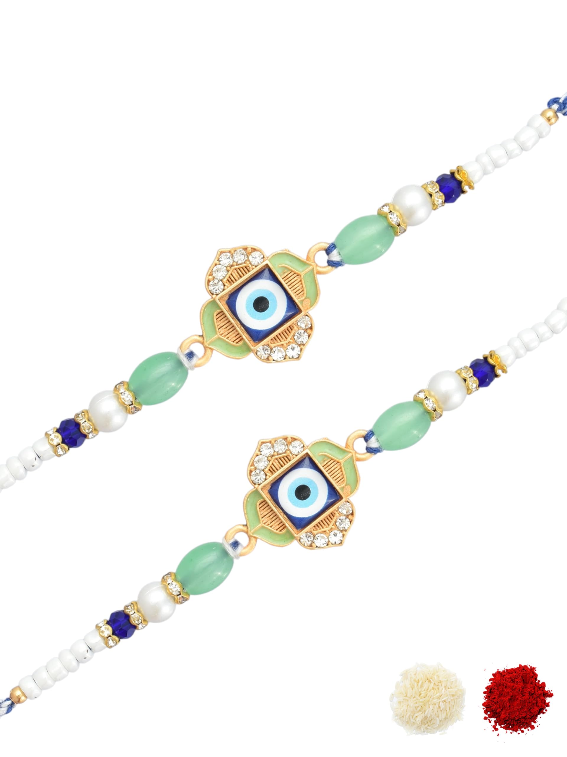 Premium Evil Eye Design Enamel Work AD Studded & Beaded Traditional Cotton Thread Pack of 2 Rakhi for Brother, Bhaiya, Bhai, Kids with Roli Chawal & Greeting Card for Raksha Bandhan-48-image-46