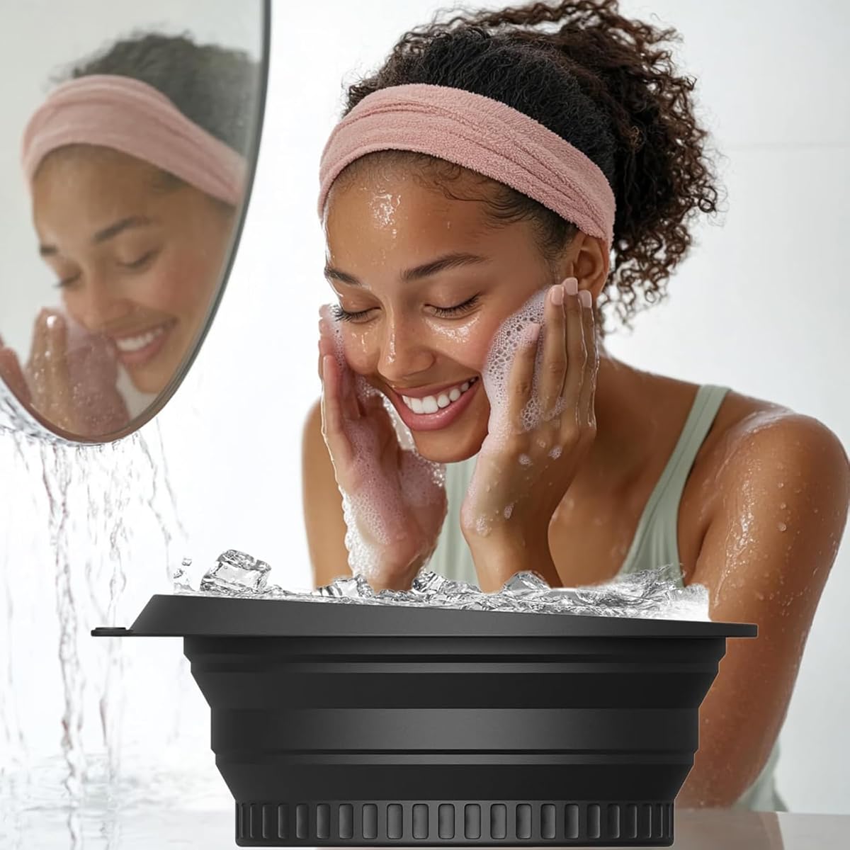 Icetray - Cuenco facial para hielo de enfriamiento rápido, plegable, herramienta de belleza cosmética, portátil, para calmar la piel, reducir la hinchazón, uso doméstico (negro)