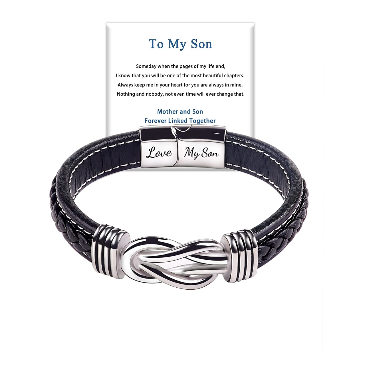 KcsznkTo My Son Bracelet Gift from Mom, Mother and Son Forever Linked Together Bracelet,Stainless Steel Magnetic Closure Leather Bracelet,Birthday Graduation Back to School Christmas Gifts
