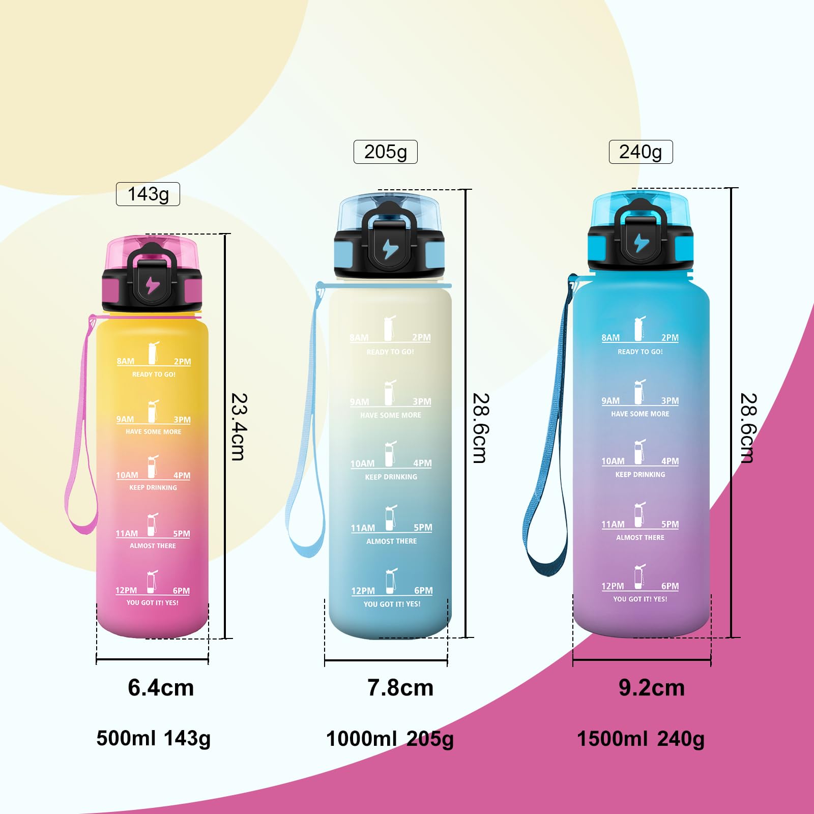 JAPORIA Borraccia Bambina 500ml, Bottiglia Motivazionale con Filtro, Facile da Trasportare, Borraccia con Scala Temporale, a Prova di Perdite, Facile da Pulire, per Ufficio, Campeggio, Corsa, Viaggio