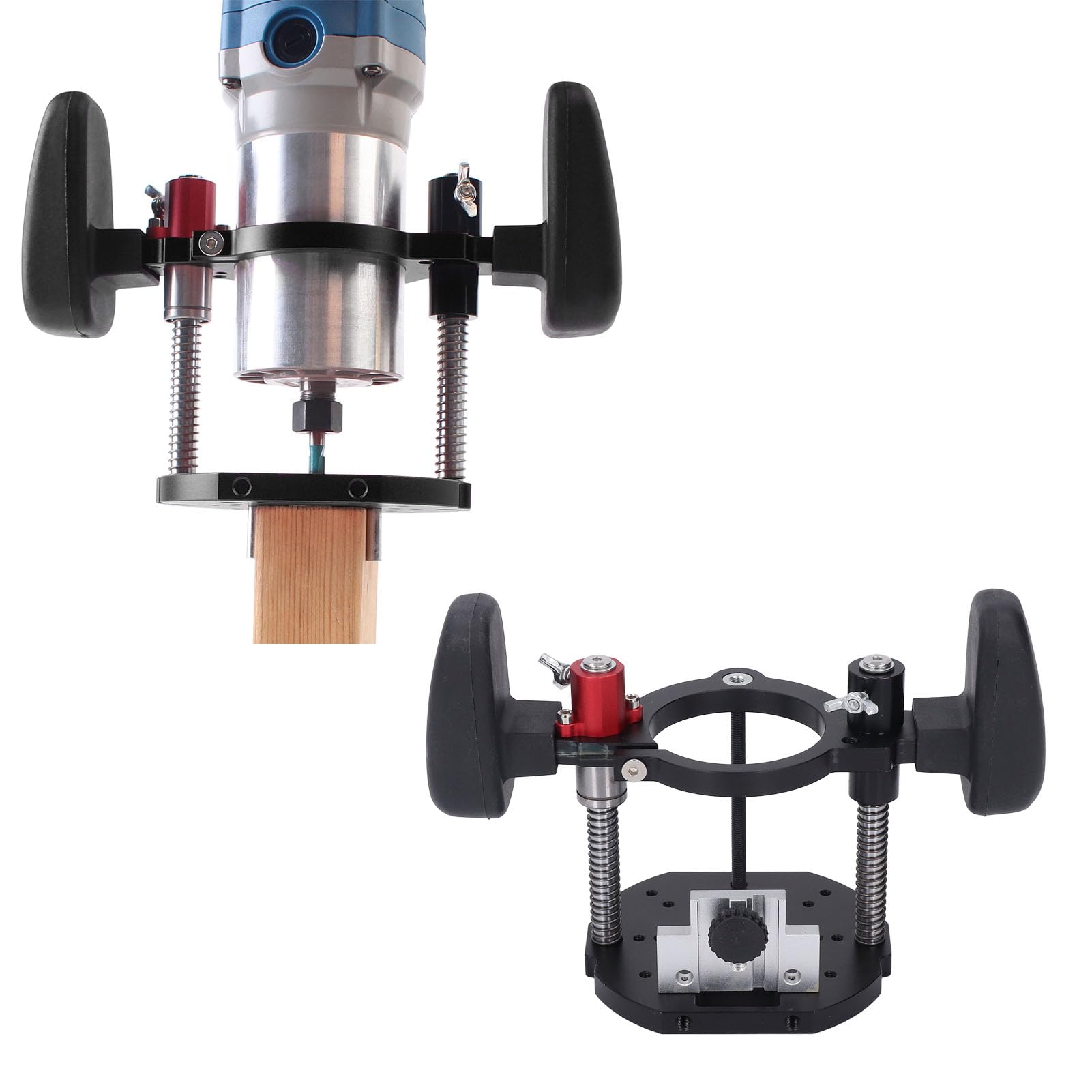 Ejoyous Router Lift System, Router Lift Base regulowany skok stołu frezarskiego ze stopu aluminium uchwyt do frezarki do obróbki drewna, zakres zacisku 63,5-65 mm