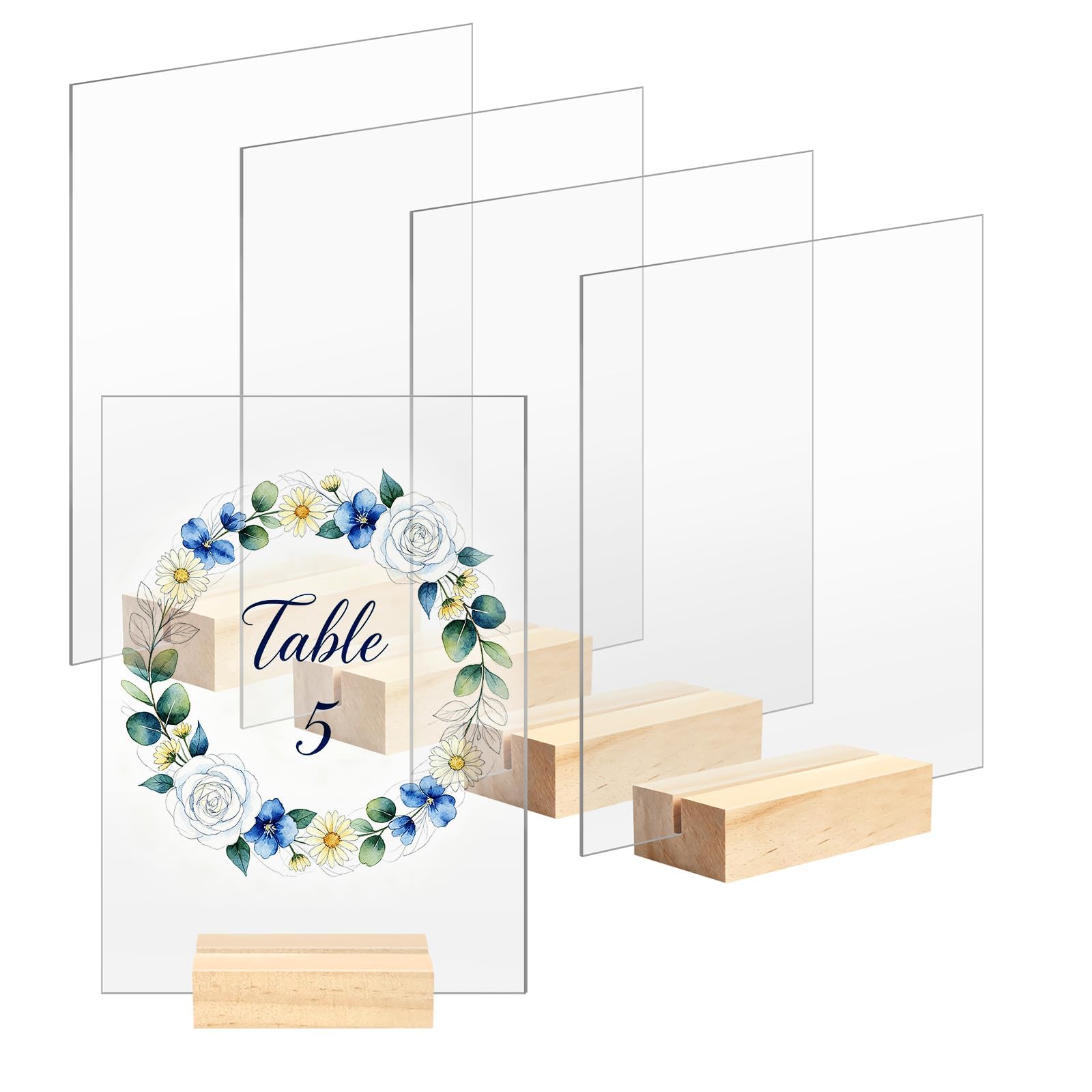 Bercoor 5 Pack 5x7 Inch Blank Clear Acrylic Sign with Wooden Stands, Rectangle Top Acrylic Sheet, DIY Acrylic Rectangle Table Numbers for DIY Name Card Gifts Event Party Sign Decoration