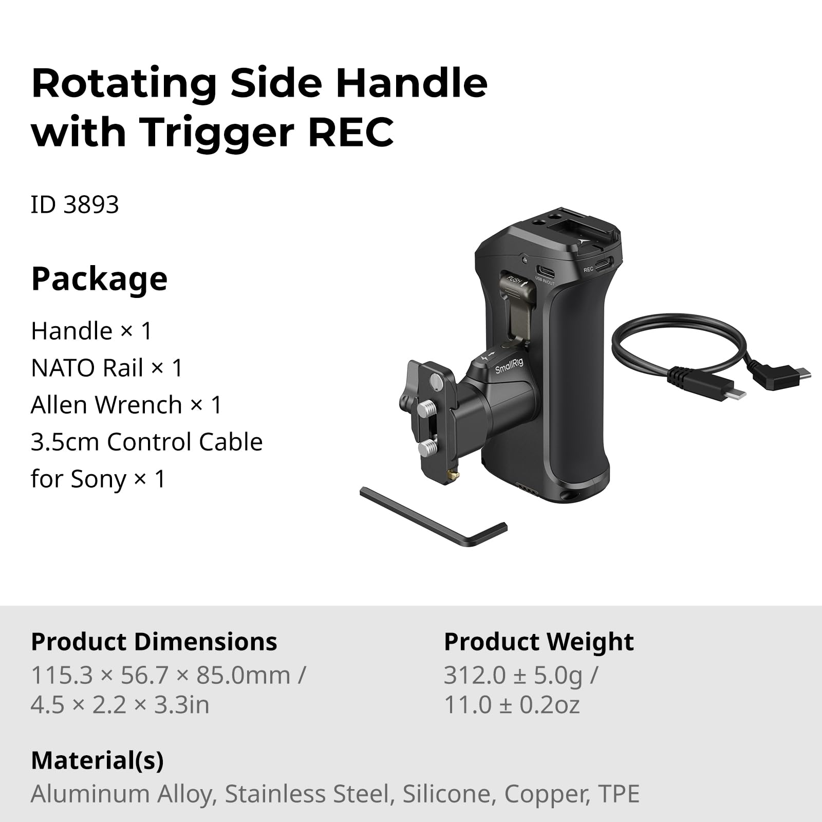 SMALLRIG Maniglia laterale girevole con Trigger Rec per fotocamere mirrorless selezionate, per Sony Alpha 7 IV/Alpha 7R V / A7 III / FX3 / Alpha 9, compatibile con batteria F550/570, controllo