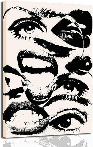 Arte de pared retro en blanco y negro de los años 70, impresiones abstractas hippies y peculiares, póster estético funky de ojos y bocas, arte de