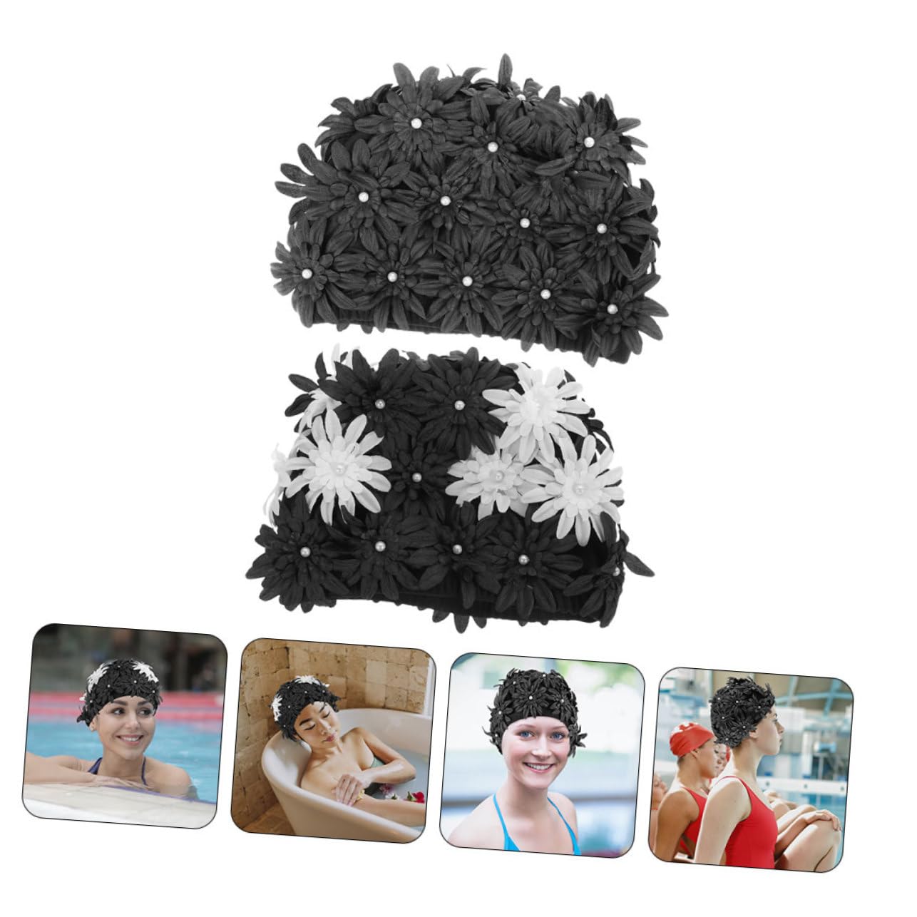 WOONEKY 2 Piezas Gorro de Natación para Mujer con Diseño Floral Alta Elasticidad Protección para Cabello Tejido Resistente y Flexible para Piscina y Playa Pack