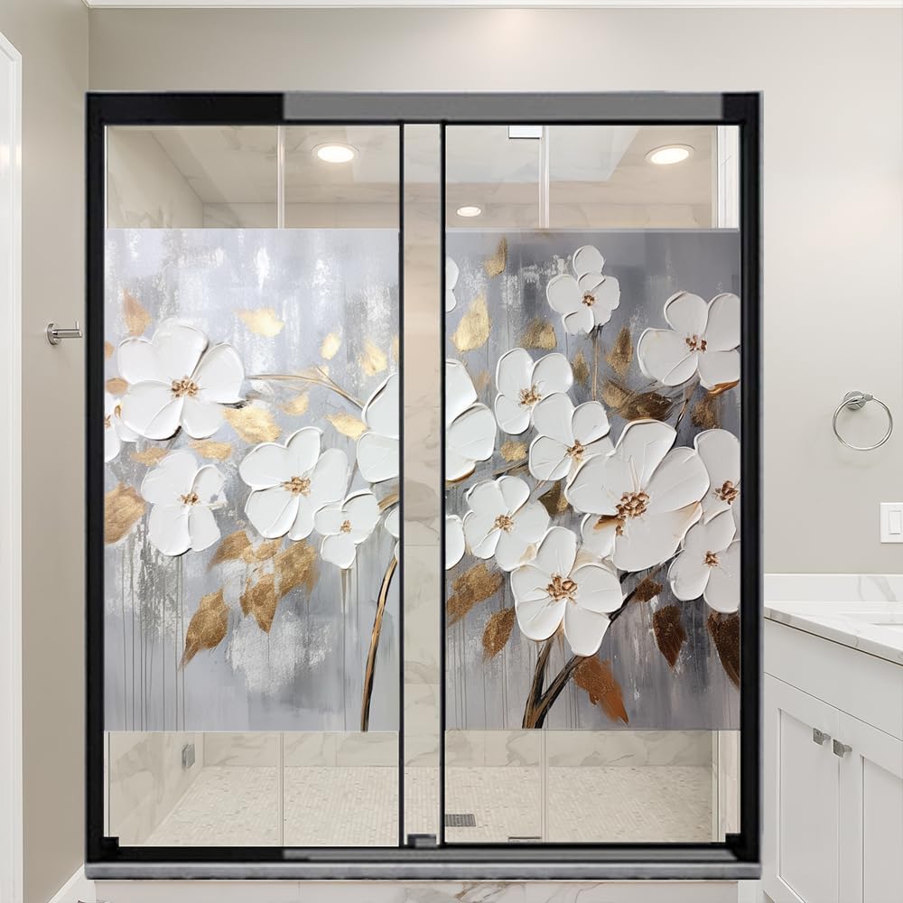 Watercolor Flower Privacy Window Film Abstract Natural White Painting Stained Glass Window Coverings Adhesive Sticker Frosted Window Film for Home Office Stores 27.6Wx39.4L-inch x2 Pcs