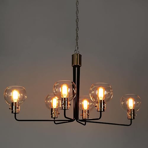 Miniatura 7 de Durent Lighting Candelabro de comedor, lámpara de araña de oro negro con 6 luces, lámpara colgante grande de 35 pulgadas para entrada, cocina, sala