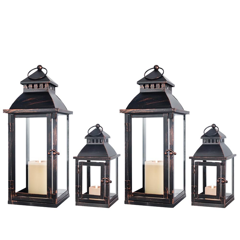 NEEDOMO Bronze Metal Lanterns Decorative Outdoor &amp; Indoor, Set of 4 (17" &amp; 10") with Glass, Candle Holder for Porch, Patio, Garden, Balcony, Wedding, Table Centerpiece Decorations