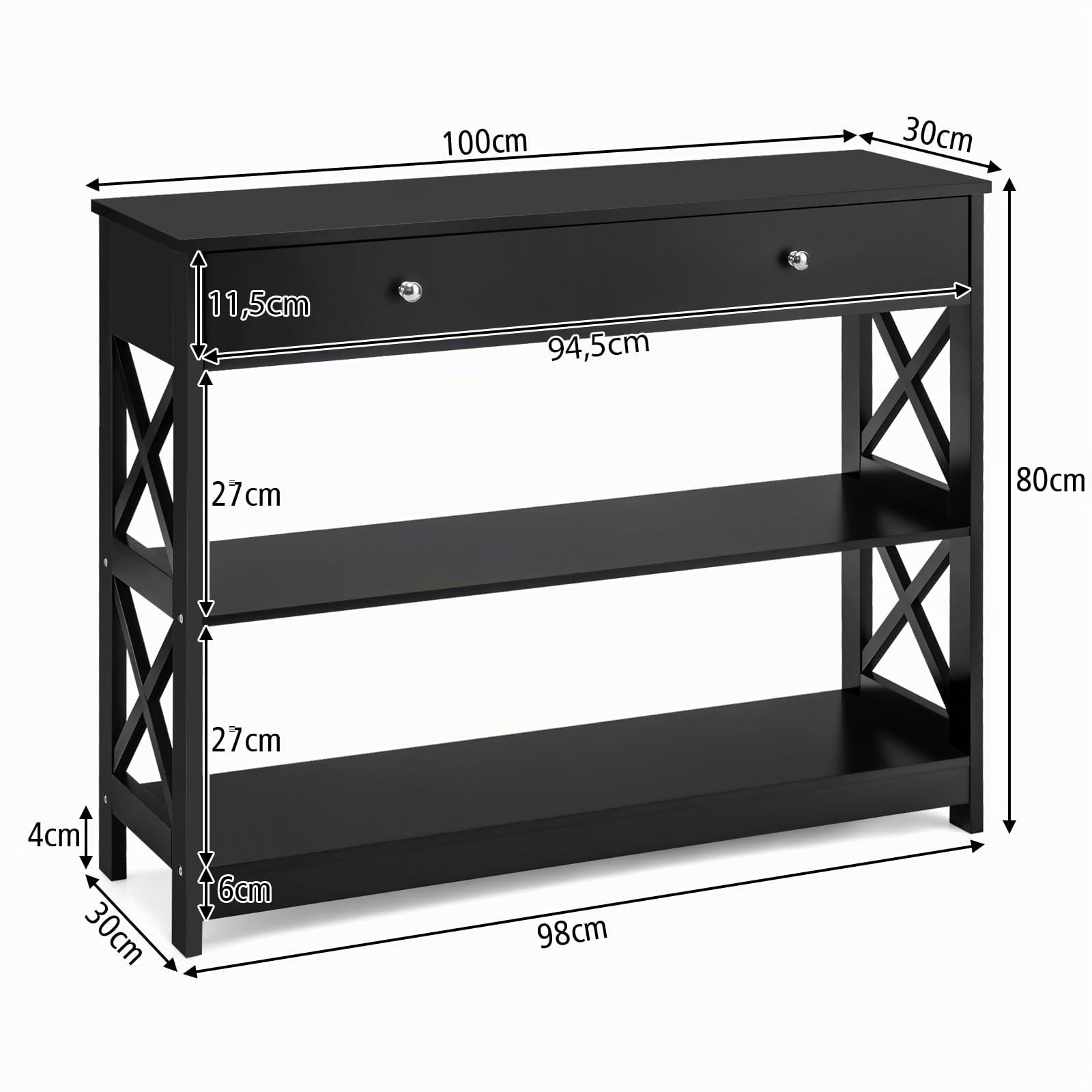 COSTWAY Konsolentisch mit Schublade, 3 Ebenen Beistelltisch aus Holz mit Ablagen, Flurtisch Eingangstisch mit Kippschutz, 100x30x80cm (Schwarz)