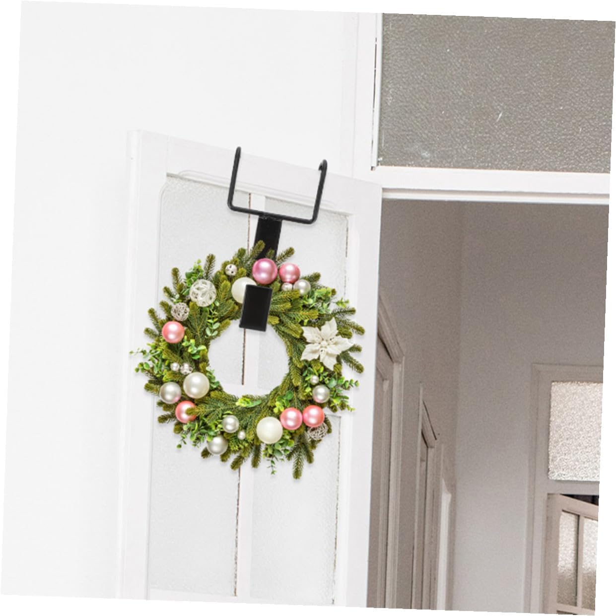4pcs Over Door Wreath Hanger Cast Iron Double Hook Front Door Garland Hanger Black Heavy Duty for Christmas Outdoor Decorations