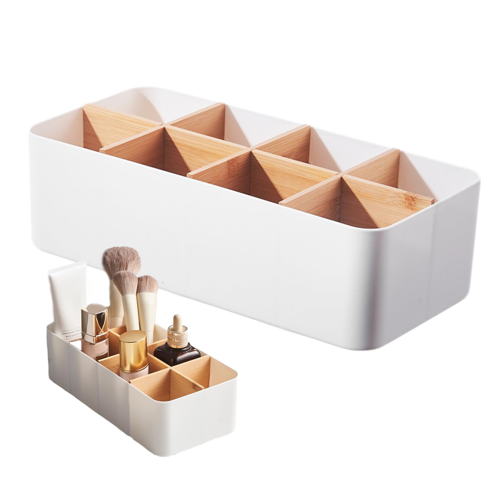 Vernerth Desk Organiser with 8 Compartments – White Bamboo Pen Holder & Stationary Organiser for Office, Home or Bedroom, Multifunctional Desktop Storage Box for Pens, Remotes, Accessories