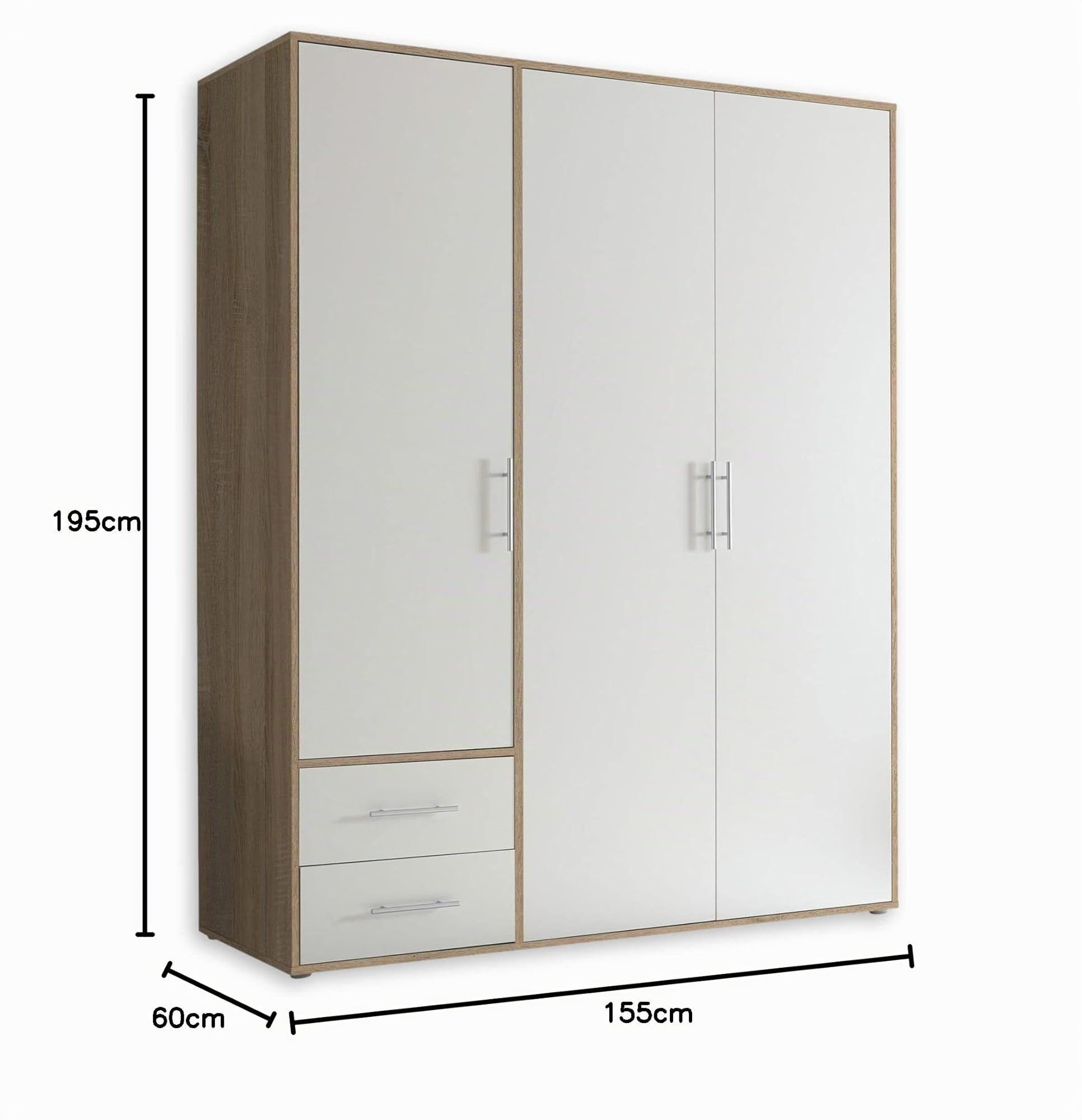 VALENCIA, Armadio effetto rovere Sonoma, bianco, a 3 ante molto capiente, versatile con ante a battente, per la vostra camera da letto, 155 x 195 x 60 cm, L x A x P