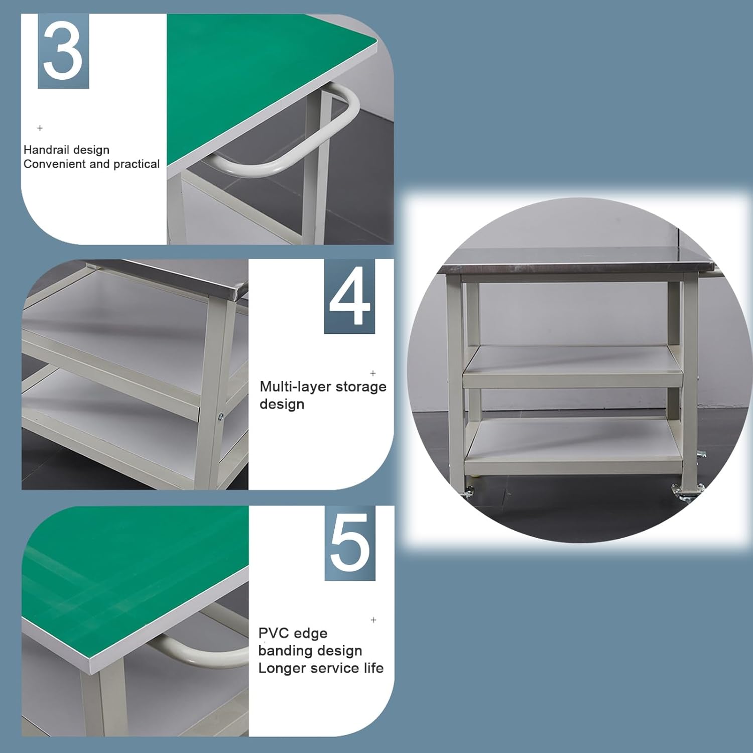 Stainless Steel Workbench with Casters for Easy Mobility Non-Static mat Laid on Worktop Surfaces Equipped with Convenient Handrails Kitchen Work Table with PVC Edge Banding Cold-Rolled Frame Secured