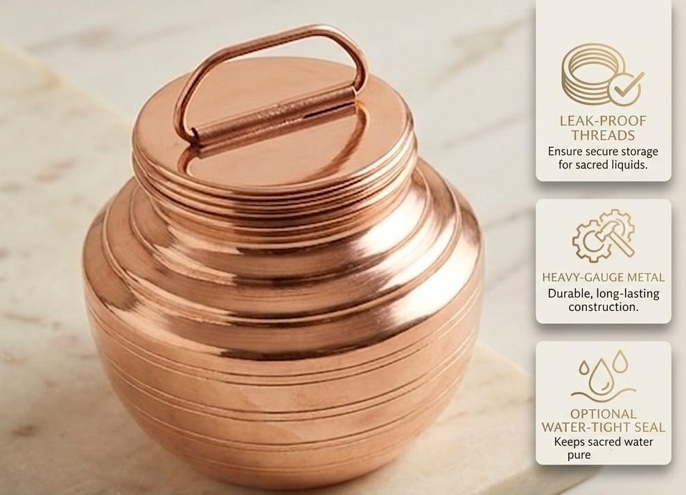 Image of Pure Copper Kalash |Lota |Chembu with Lid for Ganga Jal, Pooja & Temple Use (200ML,Small)