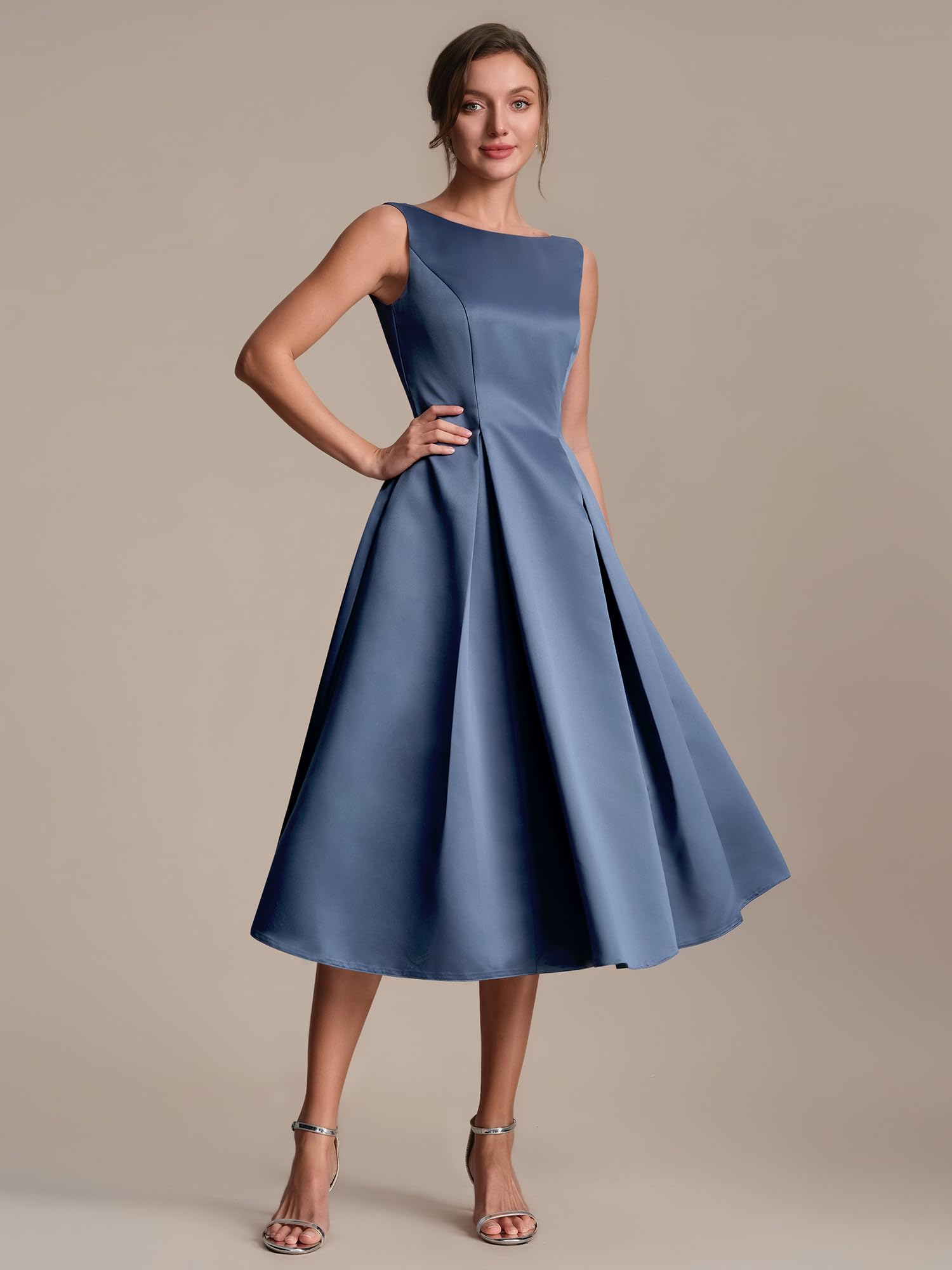 Ever-Pretty Robes d'Invité de Mariage Col Bateau sans Manche Satin Midi Poche EG02775