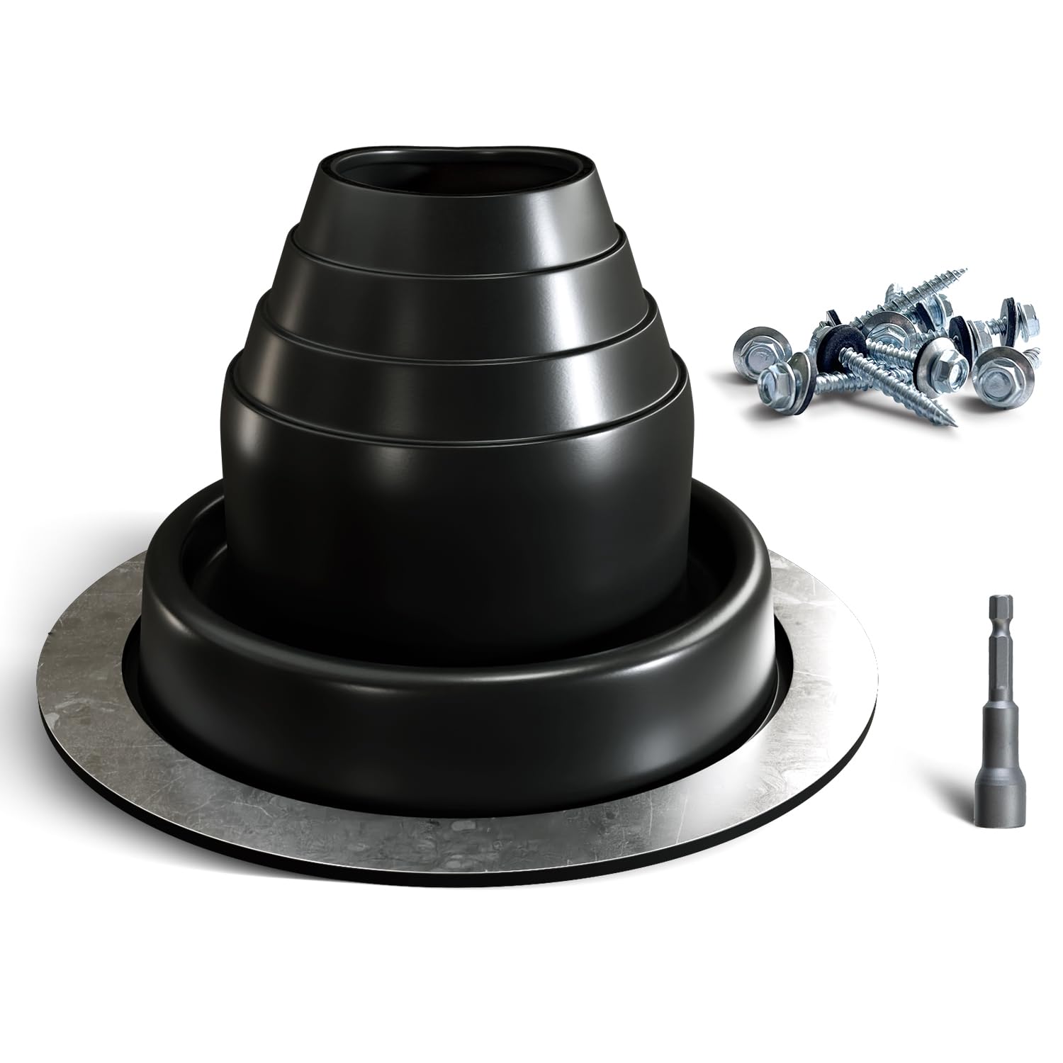 VIVIDA #2 Metal Roof Pipe Flashing Boot, EPDM Pipe Flashing Vent Boot, Flexible Pipe Flashing Roof Jack Pipe Boot for Pipe OD 1-3/4" to 3-1/4", Roofing Screws & Hex Socket Included, Black, 1 Pack