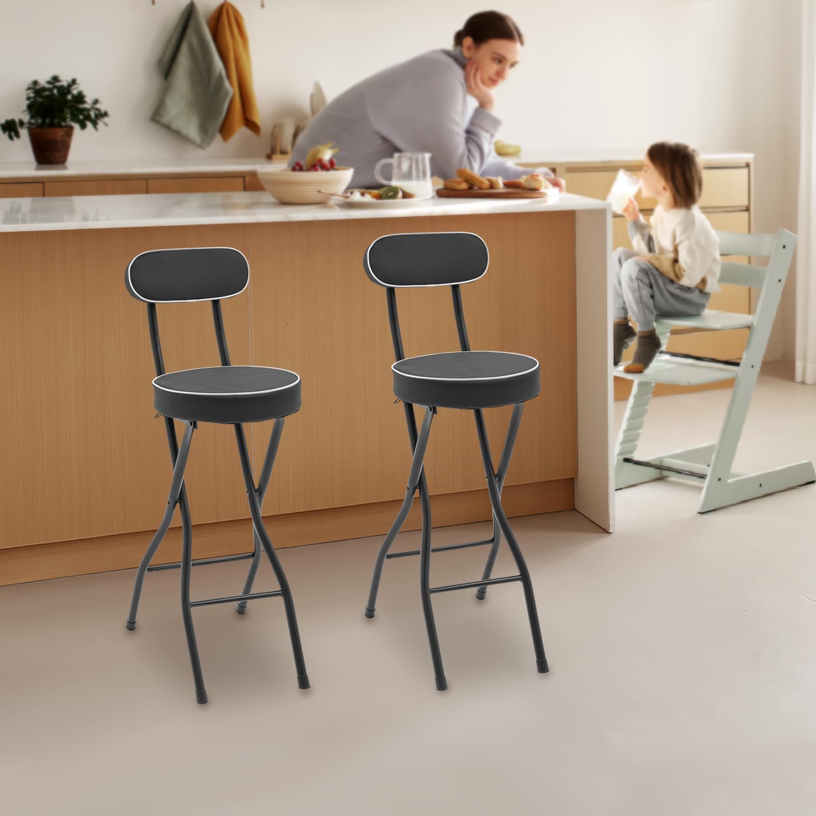 Juego de 2 taburetes plegables con respaldo, sillas de bar portátiles para exteriores, sillas altas acolchadas, taburetes plegables para bar, mostrador, cocina, balcón, jardín, altura del asiento 65