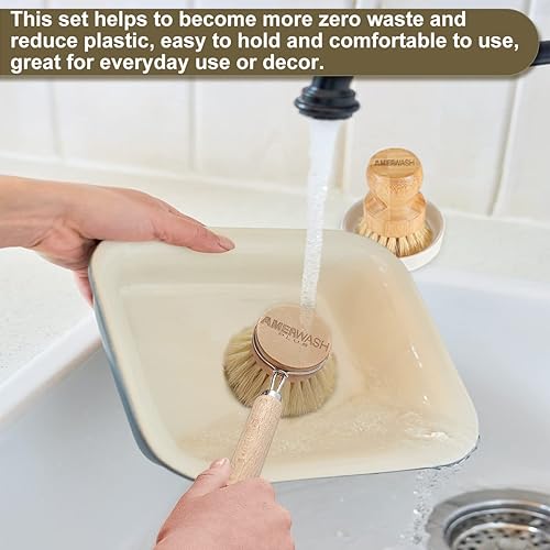 Miniatura 5 de Juego de cepillos de madera para platos limpios, sartenes y verduras, cerdas naturales de bambú con plato de cerámica, 1 cepillo de mango largo + 2