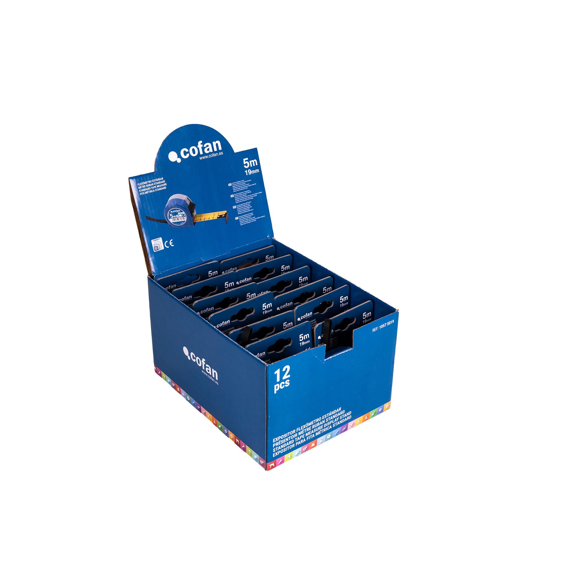 Cofan Espositore per flessometri standard con pulsante di blocco Cofan | Include 12 flessometri | Flexometri da 3 o 5 m | Larghezza della lama 16 o 19 mm (12, 5 m x 19 mm)