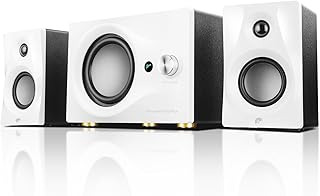 M10 Plus White Bookshelf Speaker, Bluetooth Powered Computer Speakers with Subwoofer 2.1 Home Speakers Stereo System – 60W RMS – AUX Audio