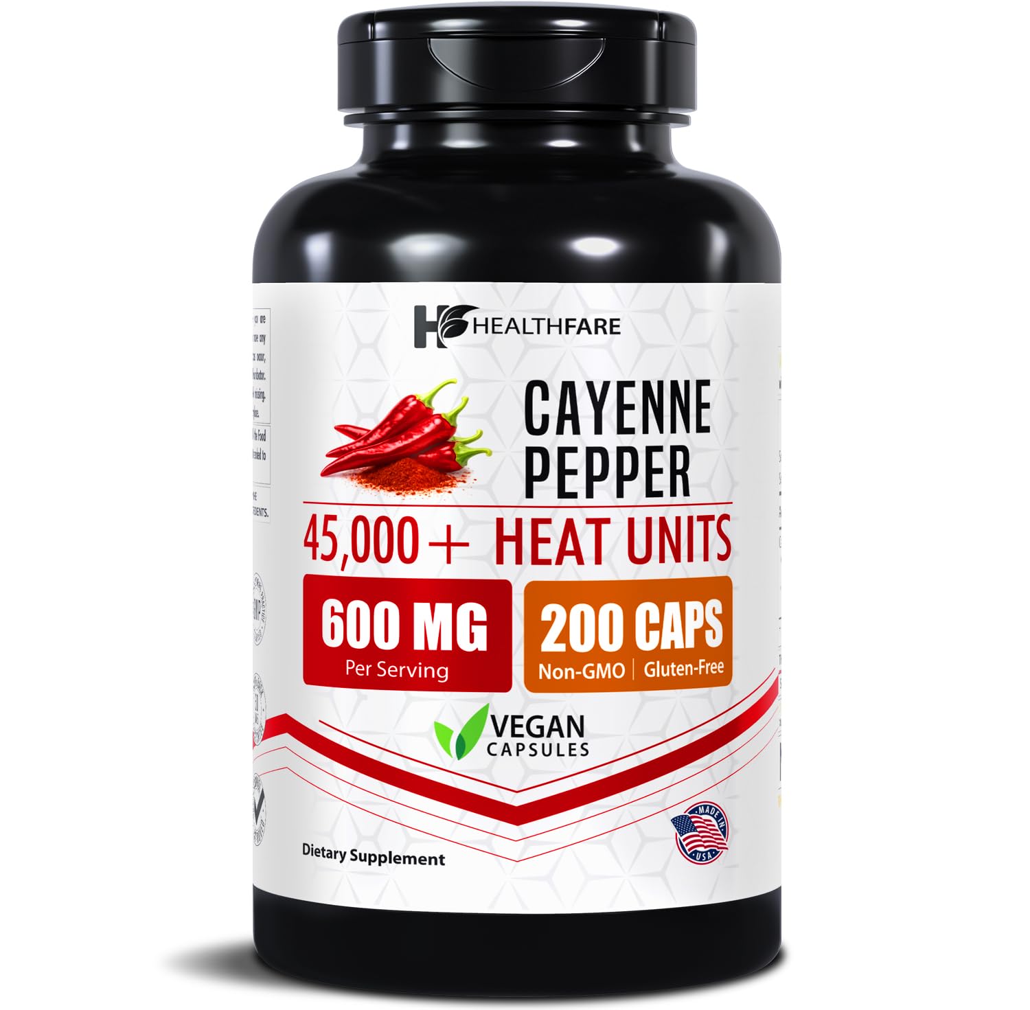 Healthfare Cayenne Pepper Capsules | 200 Vegan Pills | 45,000 Heat Units (HU) | Cardiovascular, Circulation & Digestive Support | High Potency Herbal Extract | Non-GMO, Gluten-Free | Made in USA