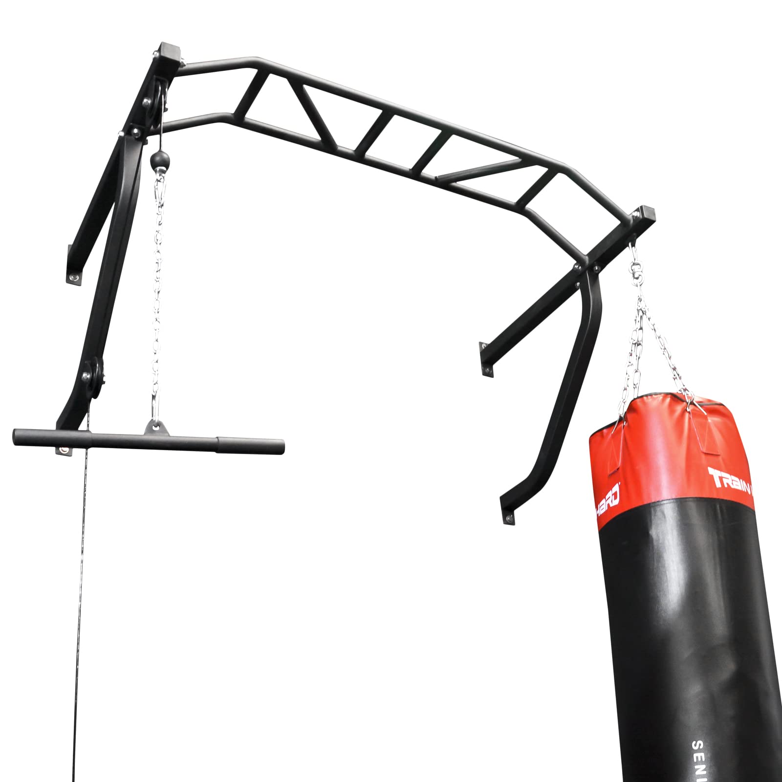 TrainHard® Multigriff Klimmzugstange Wandmontage mit Latzug & Boxsackhalterung, geprüfte und zertifizierte Qualität/optional: 80cm bis 130cm Boxsack (Ohne Hantelscheiben!)