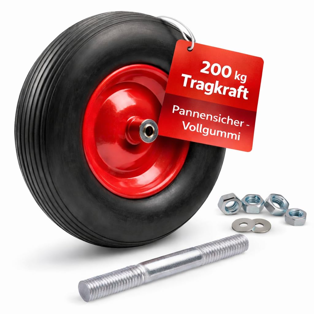 2mgoods® Schubkarrenrad 4.80/4.00-8 Ø 390 mm mit Achse – schubkarrenräder vollgummi PU-Reifen, pannensicher, universelles Ersatzrad für Schubkarre & Gartenkarre – Stahlfelge – 200 kg Tragfähigkeit