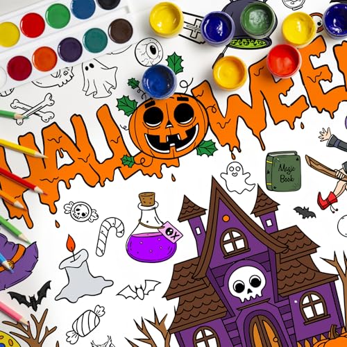 Halloween Coloring Poster Tablecloth 51 x 30 Inch Giant DIY Paper Banner with Trick-or-Treat Pumpkin and Witch Designs Fun Color-In Activity for Halloween Party Classroom or Home Decorations